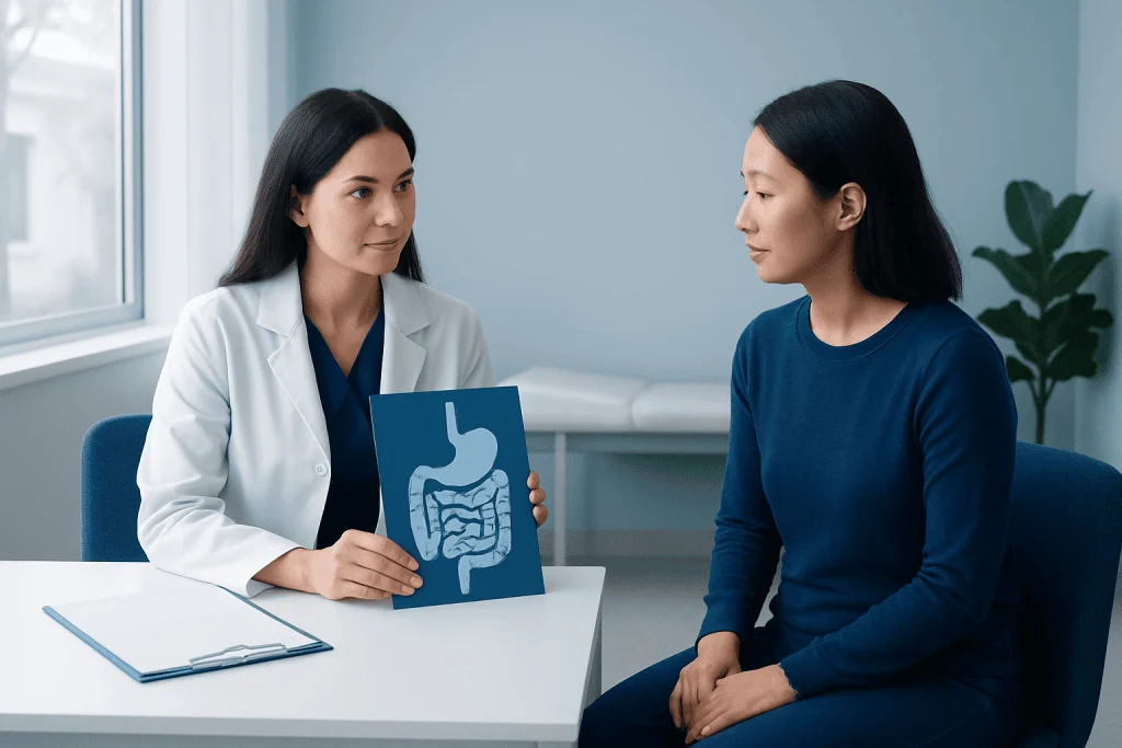 Doctor explaining digestive health to patient with stomach diagram.