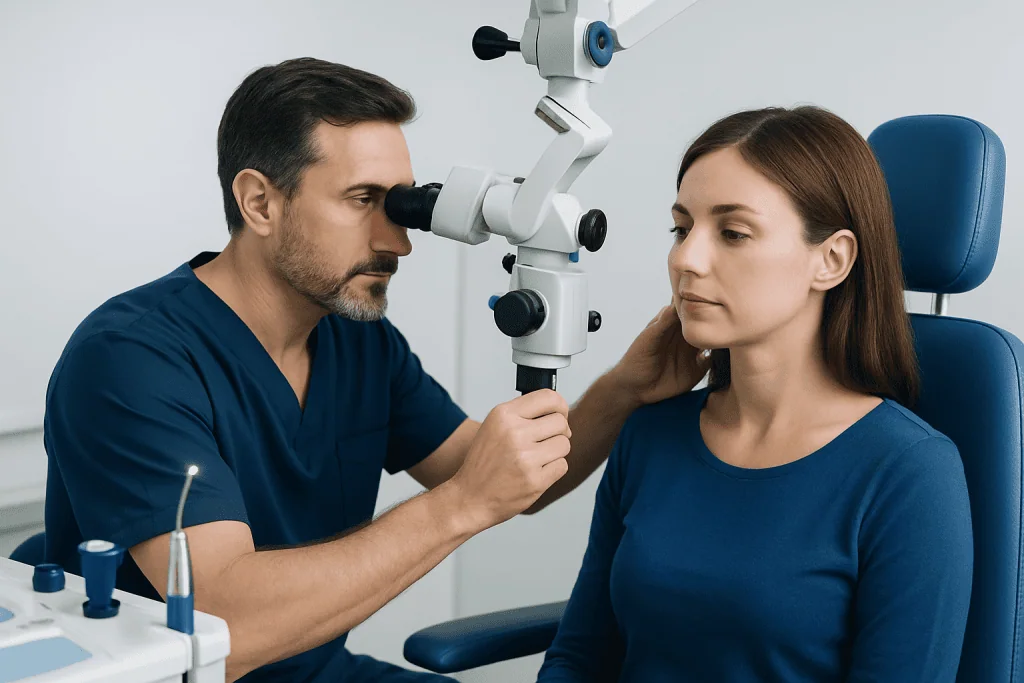 ENT doctor examining patient's ear with specialized equipment.