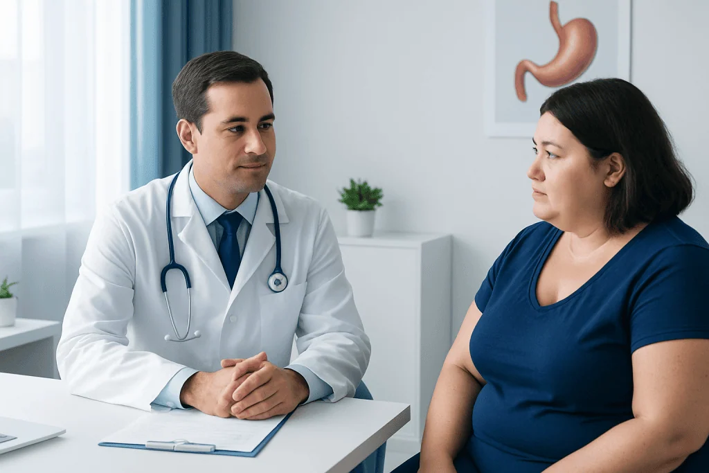 Doctor consulting with a patient about bariatric surgery options at Acibadem Hospital.