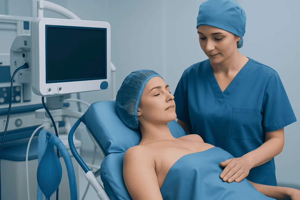 Patient in hospital bed with medical staff preparing for aesthetic breast surgery.