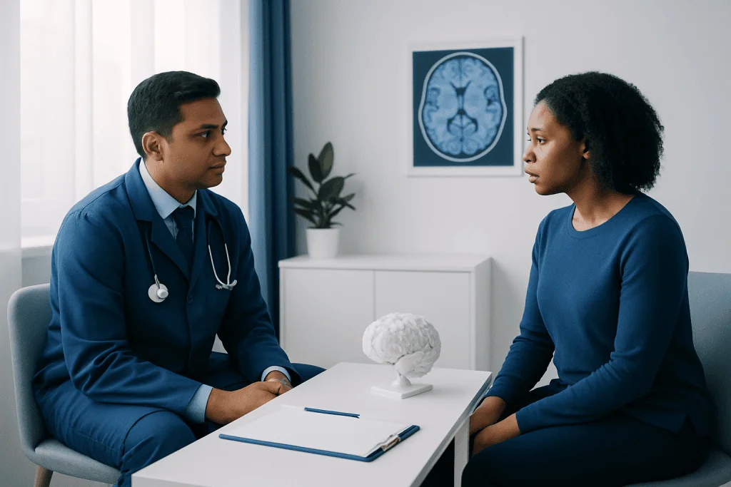 Doctor consulting with a patient about neurological health in a clinic setting.