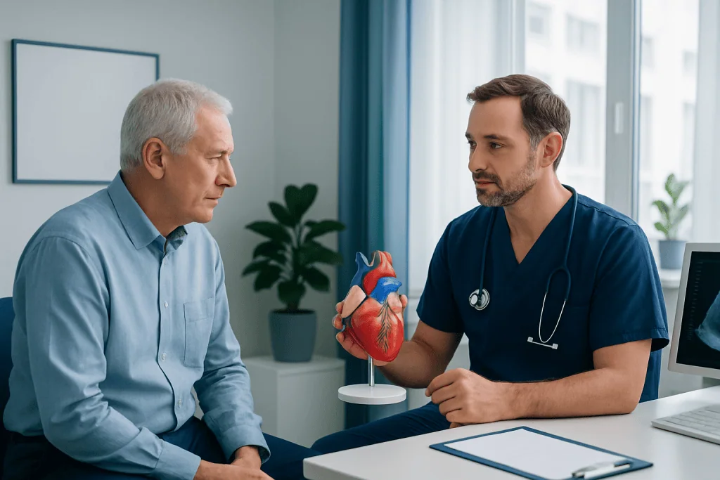 Cardiologist explaining heart health to an elderly patient with a heart model.