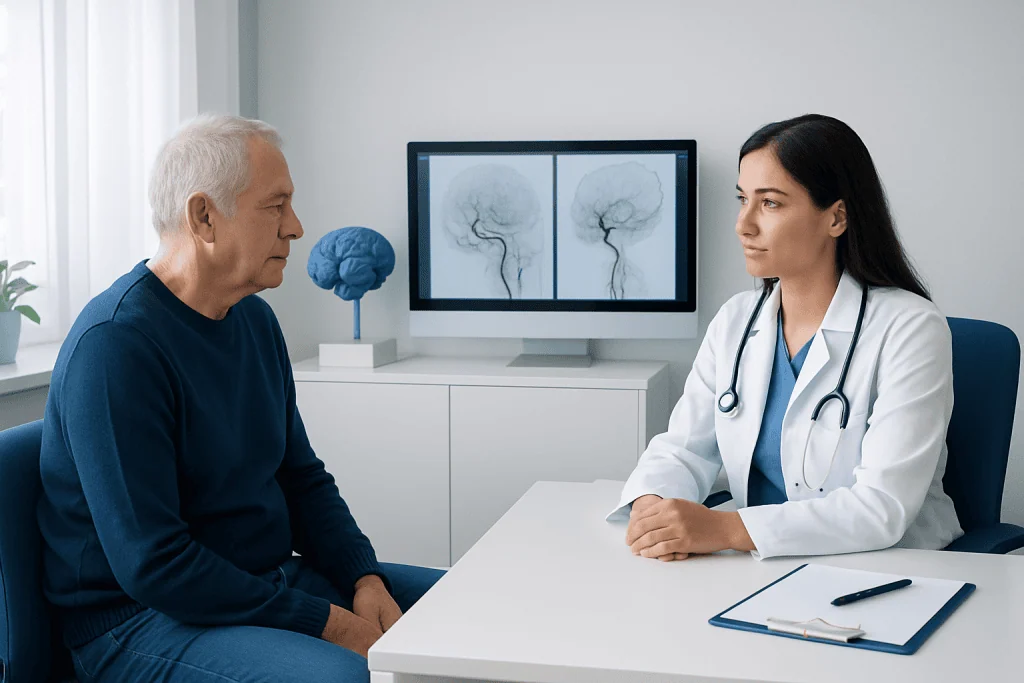 Neurologist consulting with elderly patient in a medical office.