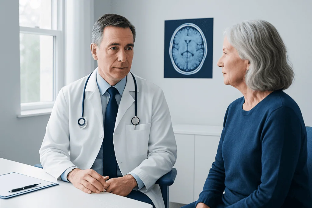 Doctor consulting with an elderly female patient in a medical office.