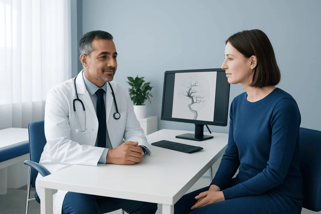 Doctor consulting with a patient about brain health and imaging results.