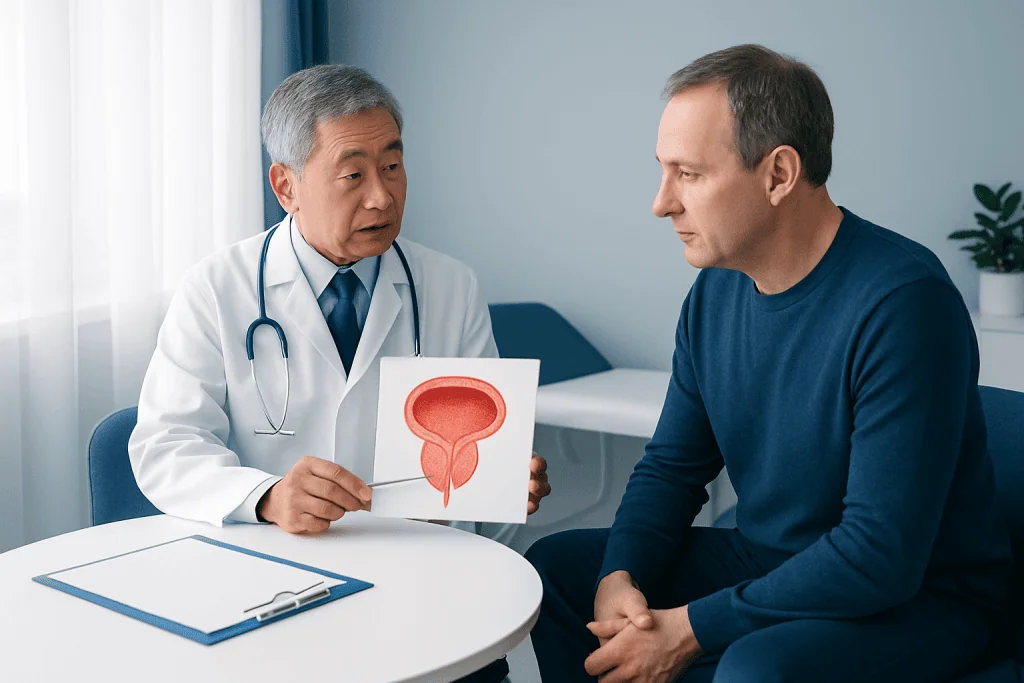 Urologist explaining prostate health to patient with prostate diagram.