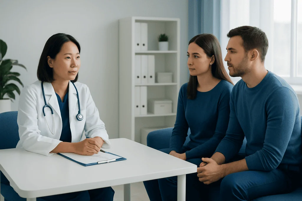 Doctor consulting with a couple about embryo freezing options for IVF.