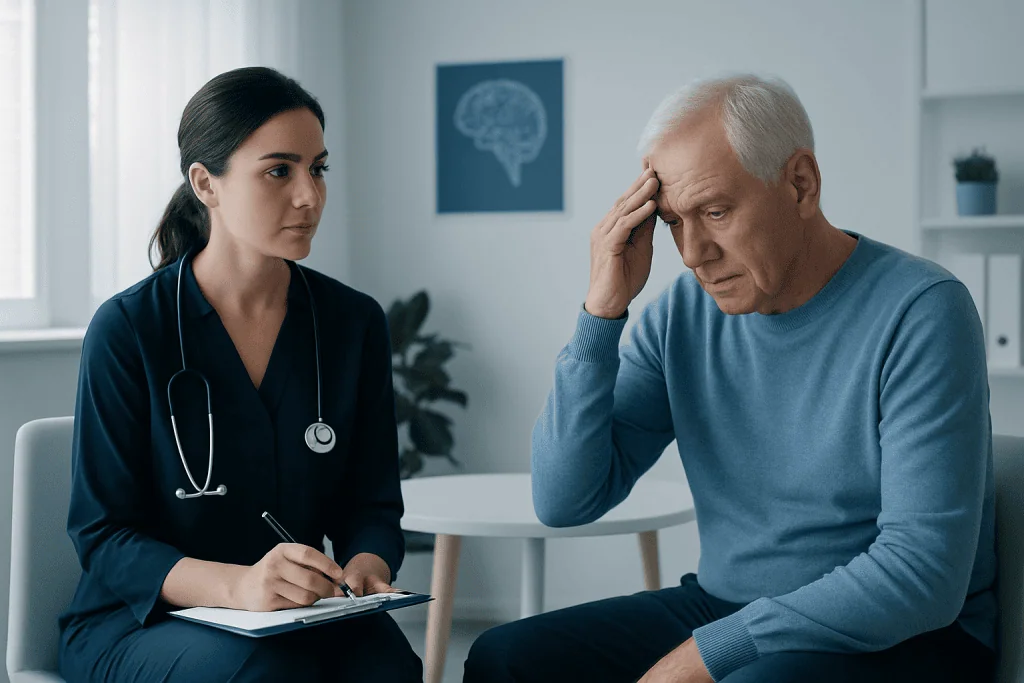 Doctor consulting with an elderly patient about memory issues in a clinical setting.