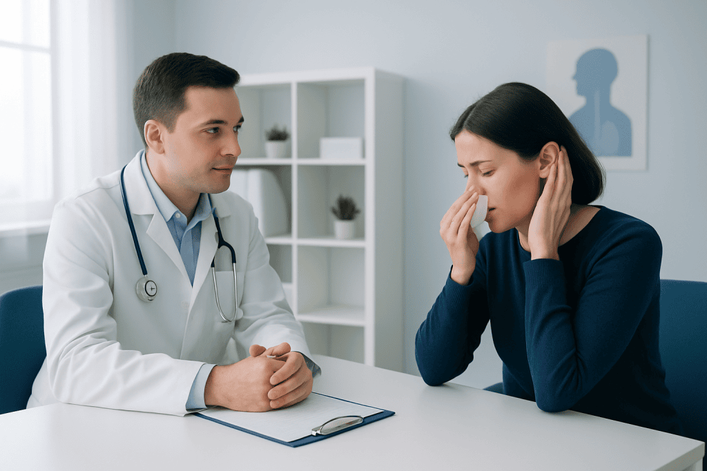 Doctor consulting with a woman experiencing ear discomfort in a medical office.