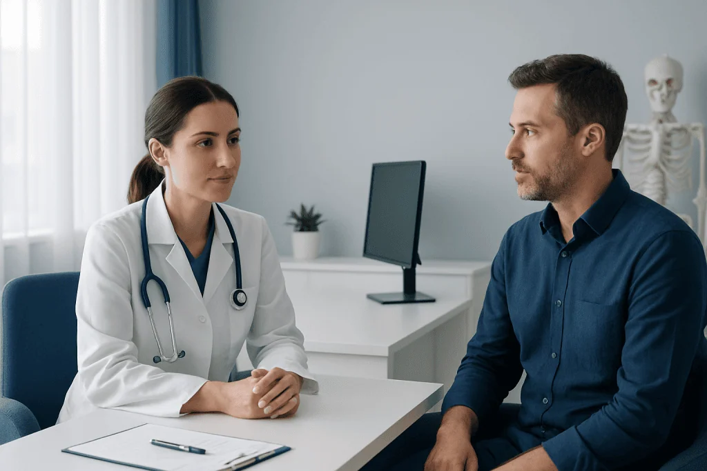Doctor discussing treatment costs with patient in a consultation room.