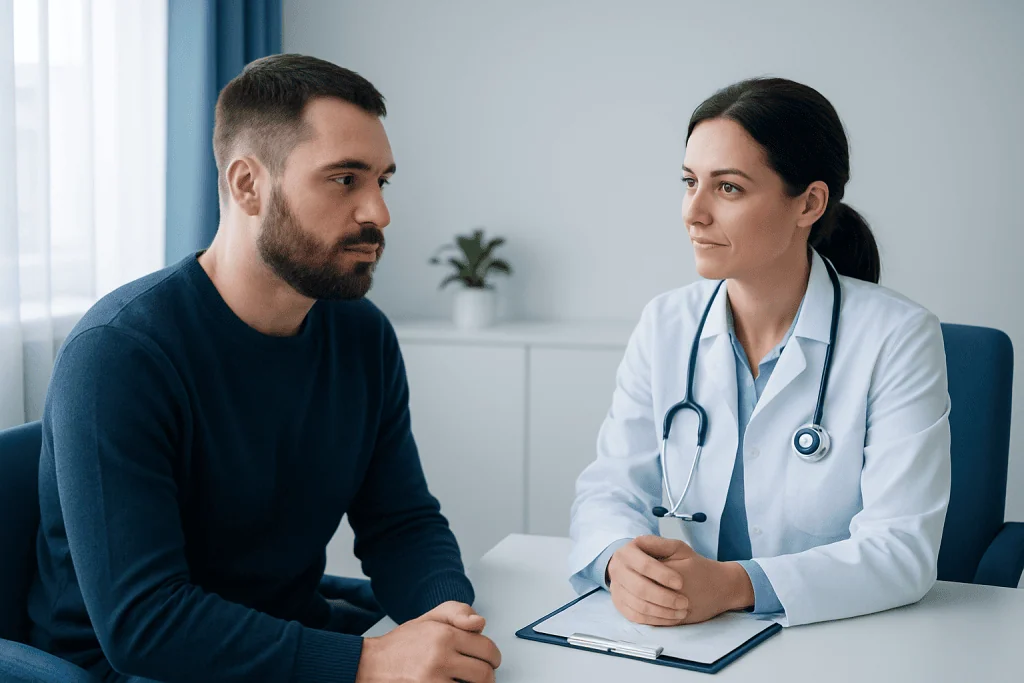Doctor consulting with a male patient about beard transplant options.