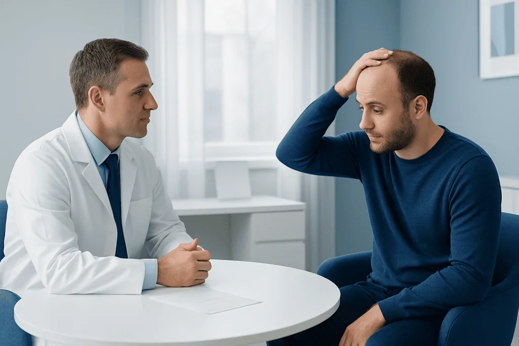 Doctor consulting with a patient about hair loss treatment options.