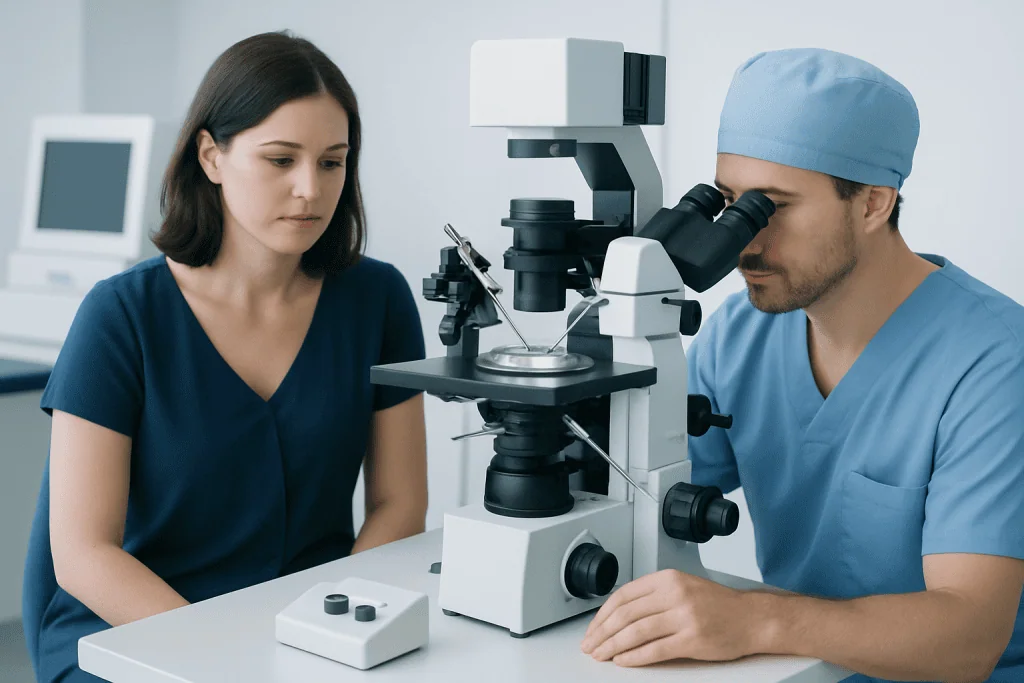 Fertility specialist examining a patient with a microscope in a medical lab.