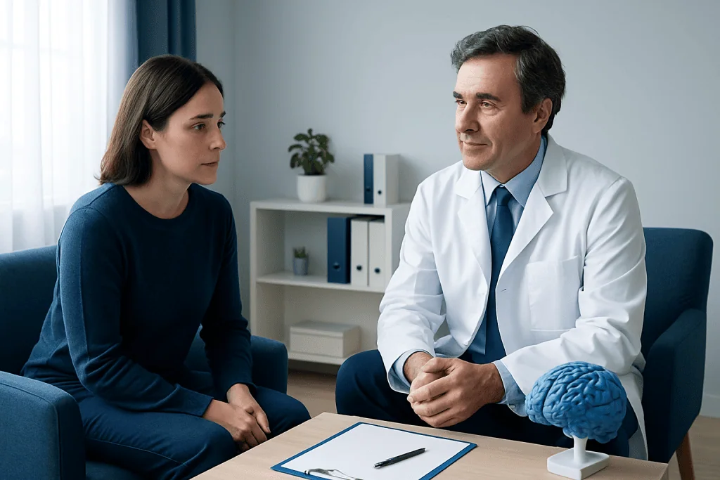 Neuropsychologist consulting with a patient in a clinical setting.