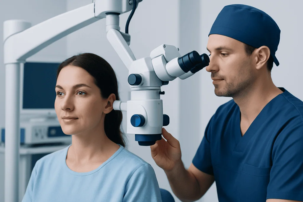 ENT doctor examining patient with medical microscope in hospital.