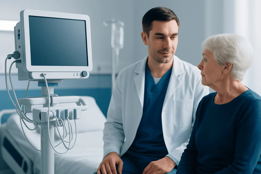 Doctor consulting elderly woman in hospital room with medical monitor.
