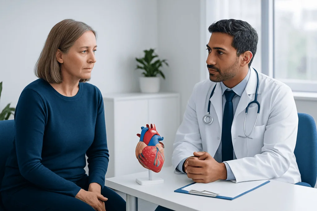 Doctor discussing heart health with a female patient in a clinic setting.