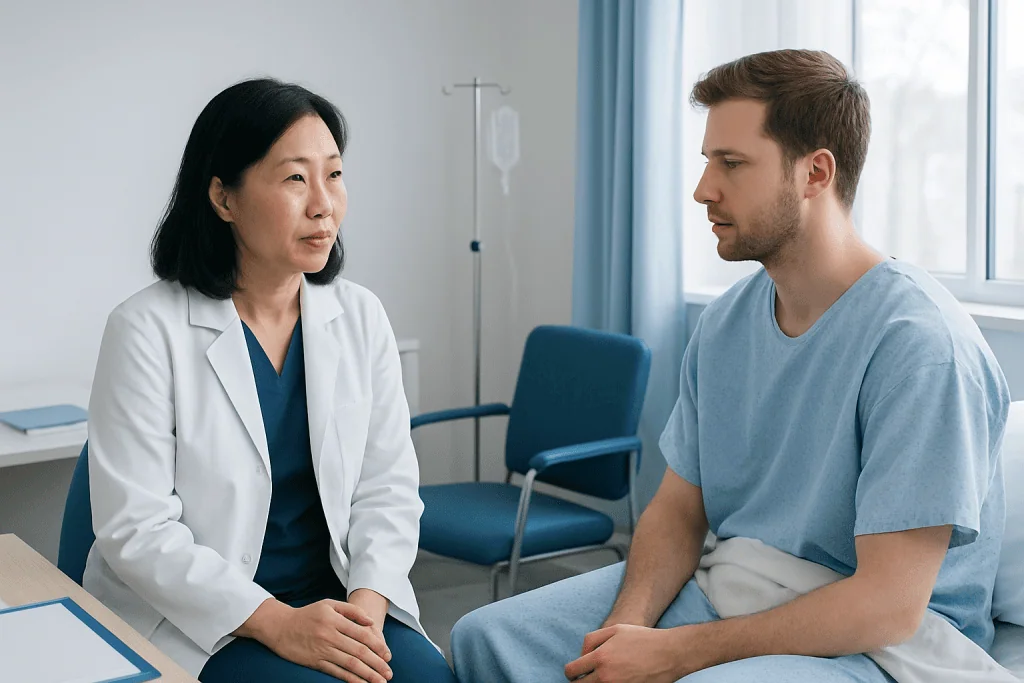 Doctor consulting with a male patient in a hospital room.