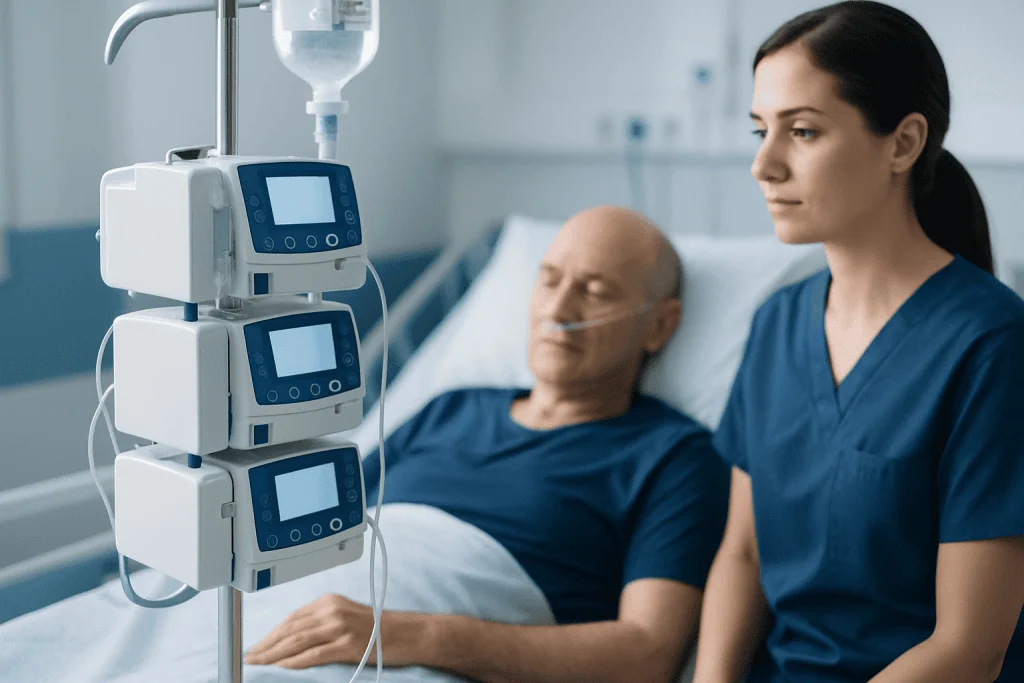 Hospital nurse monitors patient receiving IV therapy in ICU.