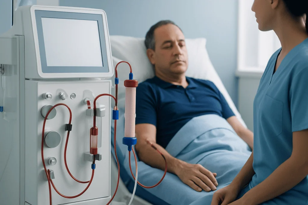 Patient undergoing dialysis treatment in a hospital setting.