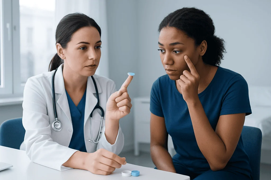 Doctor explaining contact lens safety to a patient in a clinic setting.
