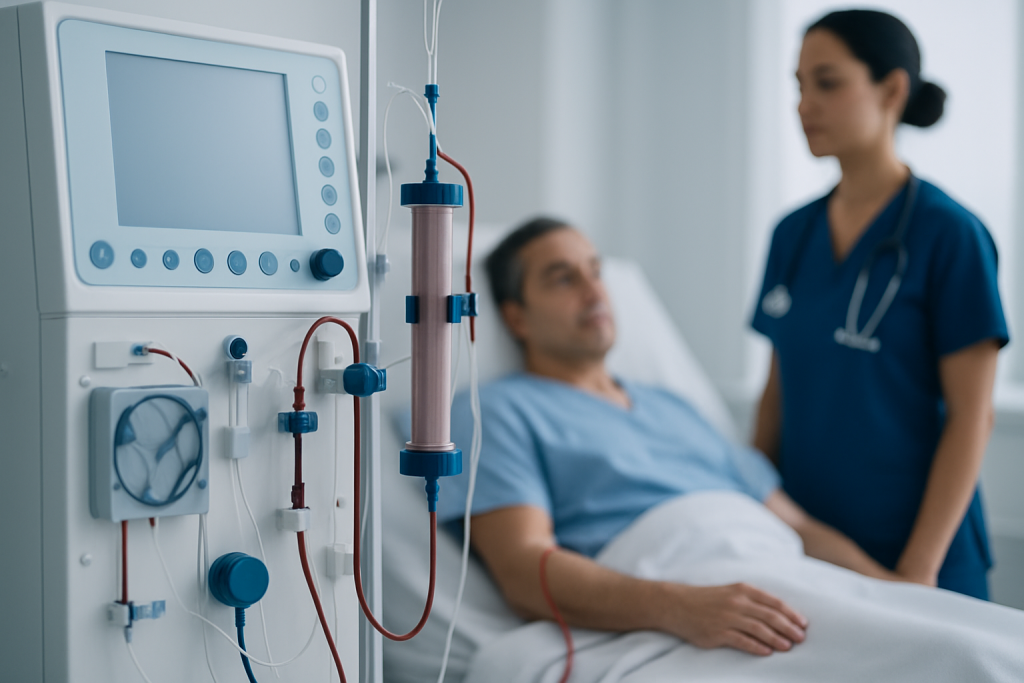 Patient in hospital bed connected to dialysis machine at Acibadem Hospitals.
