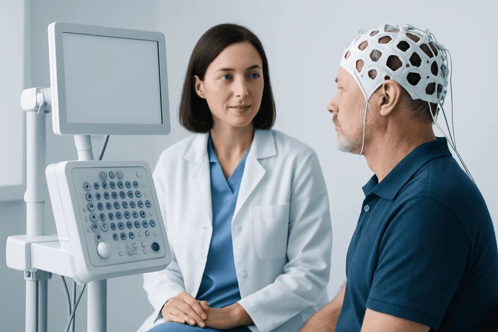 Neuropsychologist consulting with patient during brain activity test.