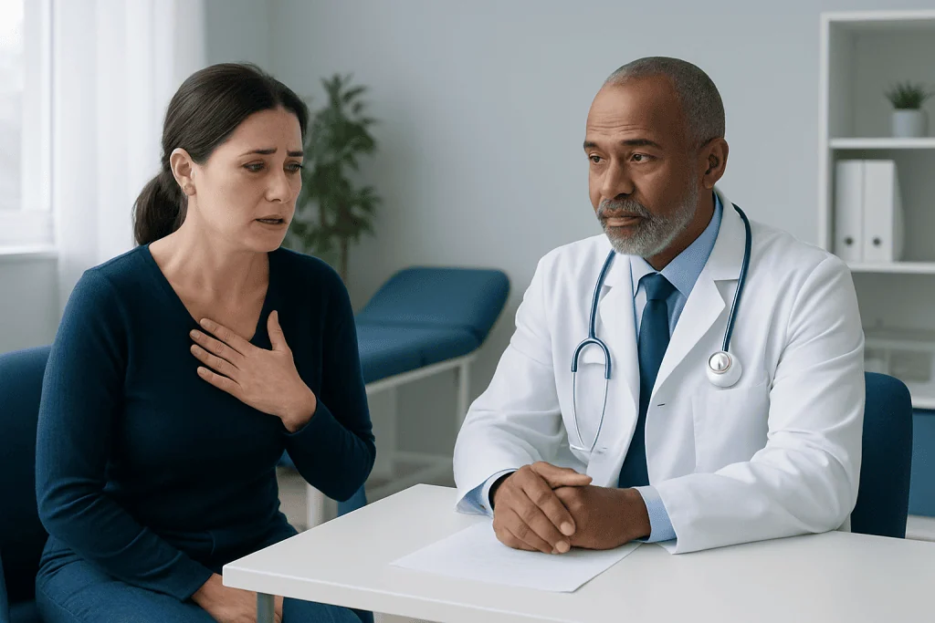 Doctor consulting with a woman patient about infection symptoms in a medical office.