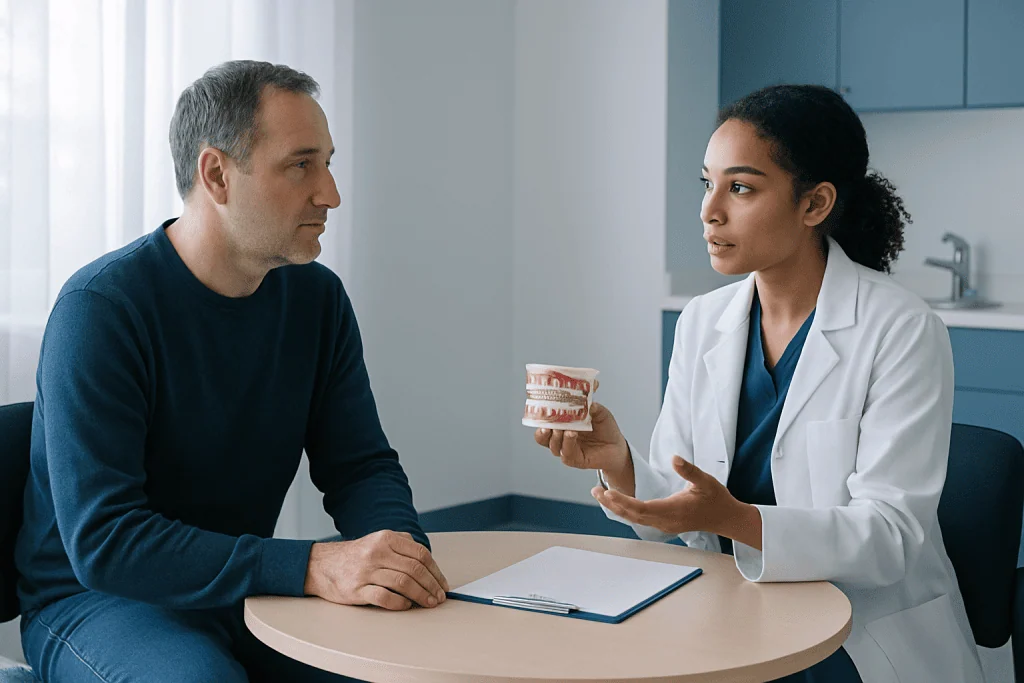 Dentist explaining dental implant options to patient in clinic.