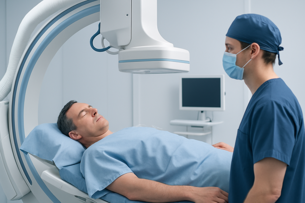 Medical professional preparing patient for cerebral angiography procedure.