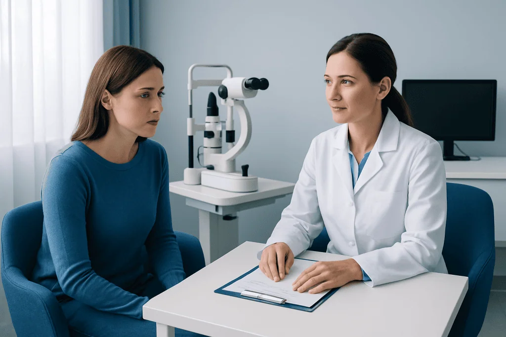 Optometrist consulting with patient in a modern clinic setting.
