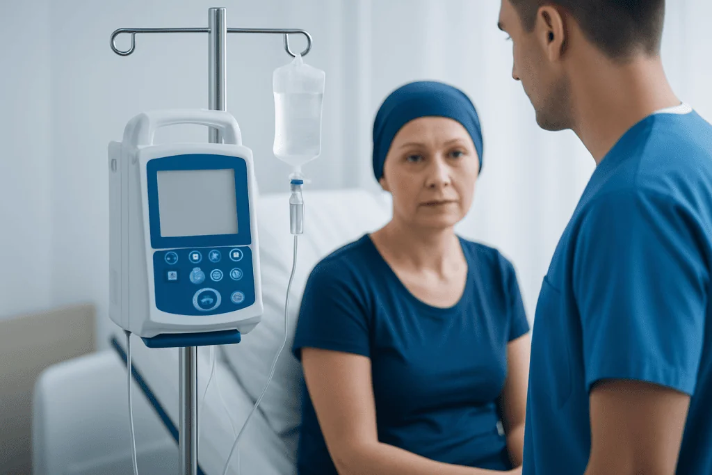 Patient receiving intravenous treatment in a hospital setting.