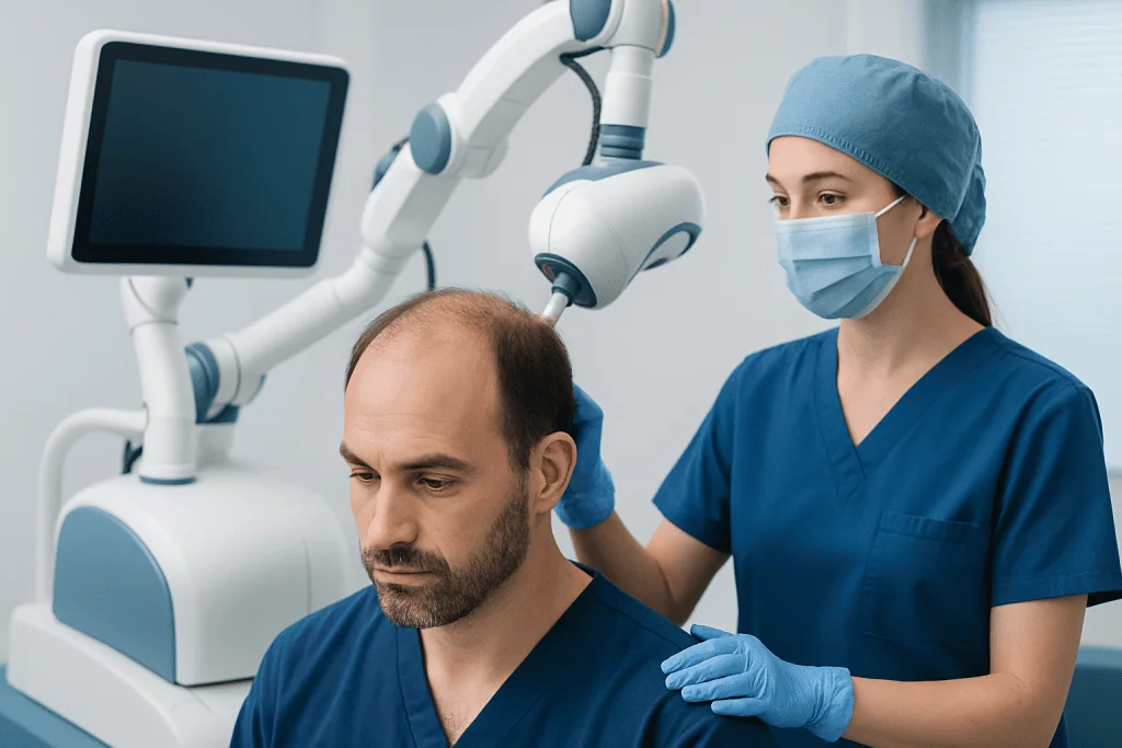 Medical professional performing hair transplant consultation with advanced equipment.
