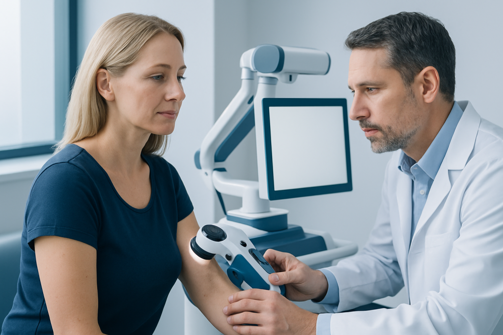 Dermatologist examining patient's skin with dermatoscope in clinic.