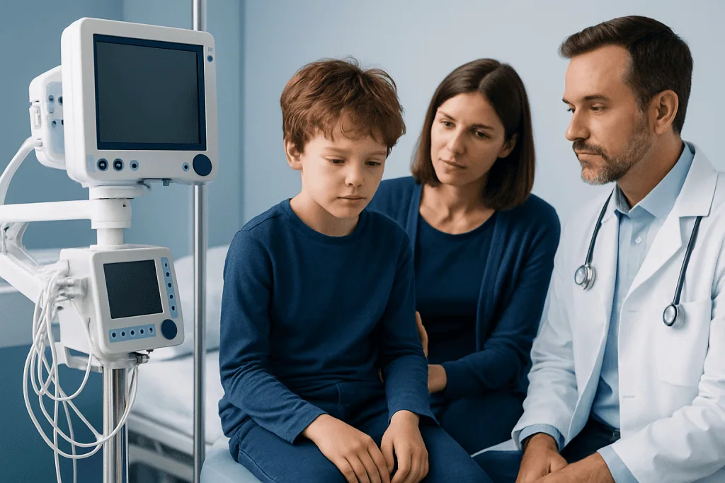 Child undergoing neurological assessment in hospital with parents and doctor.