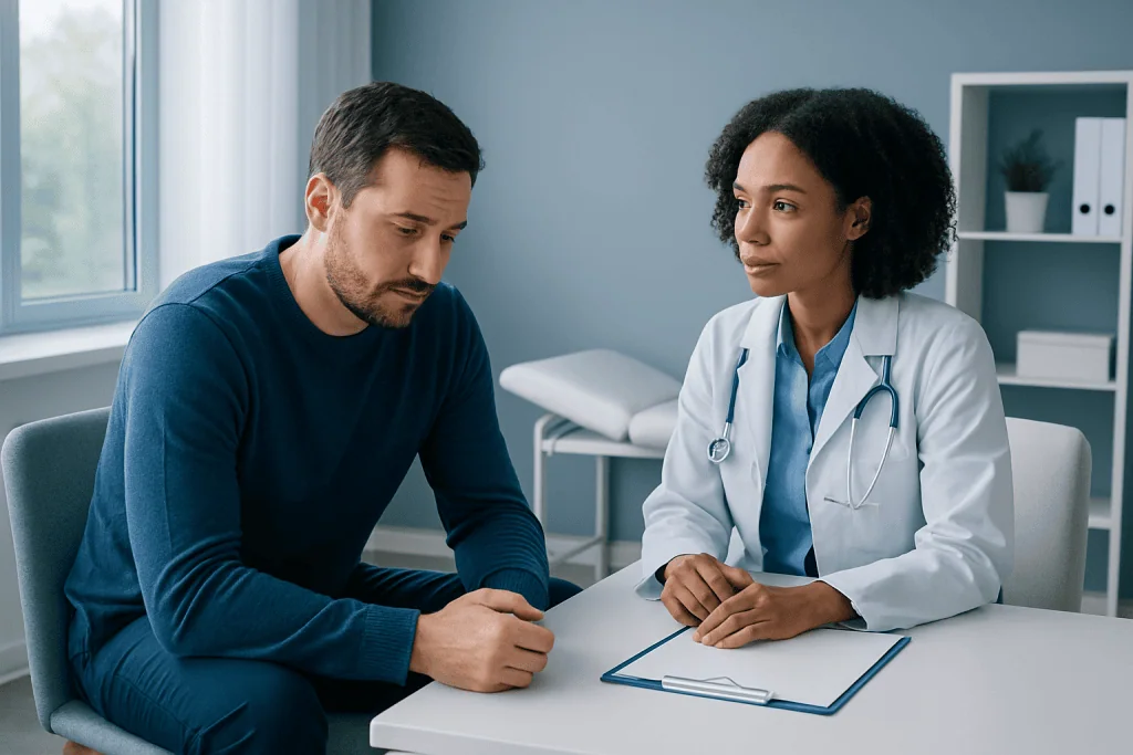 Male patient consulting with female doctor in a medical office.