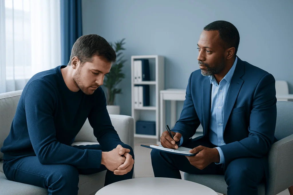 Therapist listening to a male patient during a counseling session.