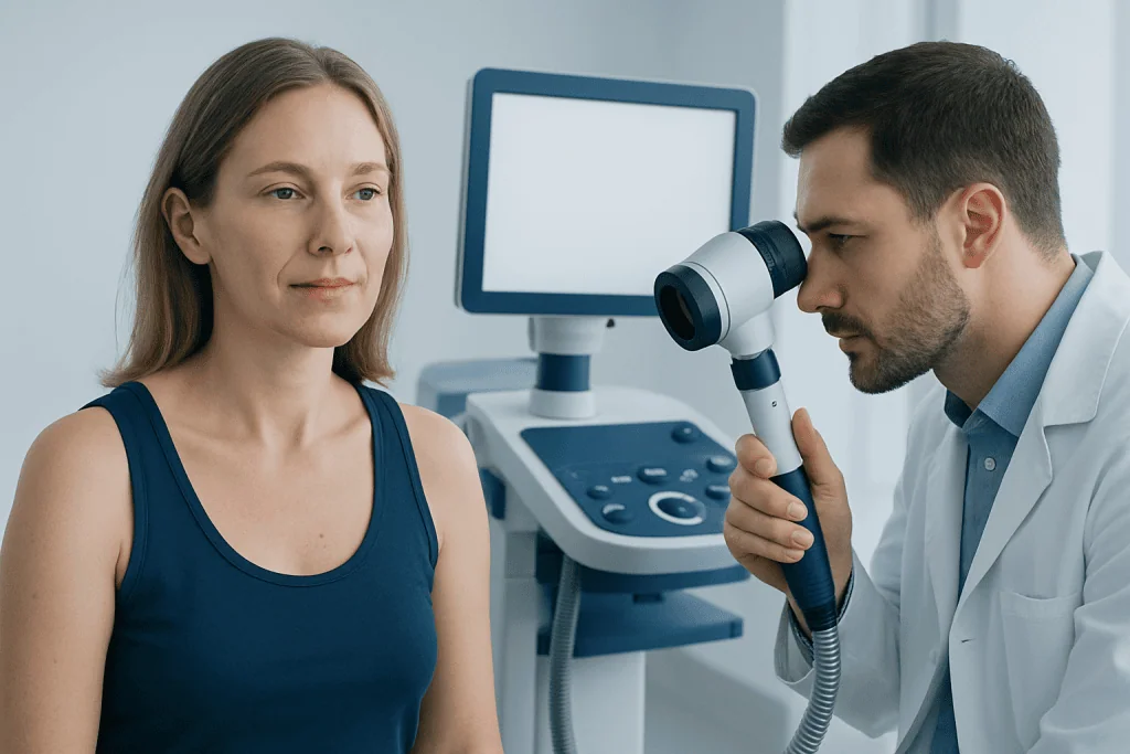 Dermatologist examining a woman's skin for signs of skin cancer.