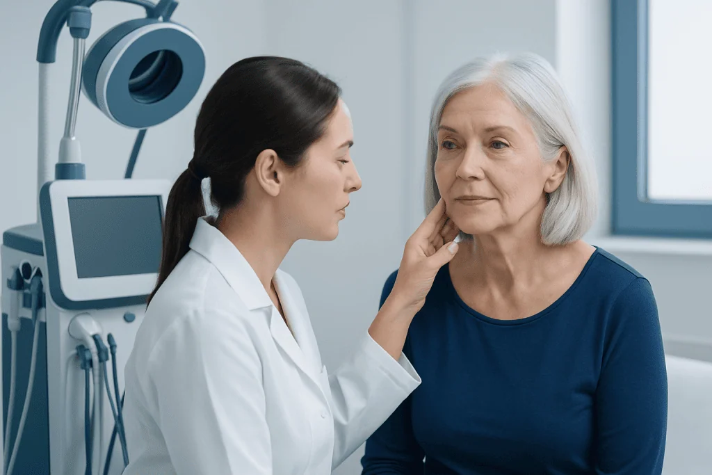 Doctor examining an elderly woman's skin in a medical clinic setting.