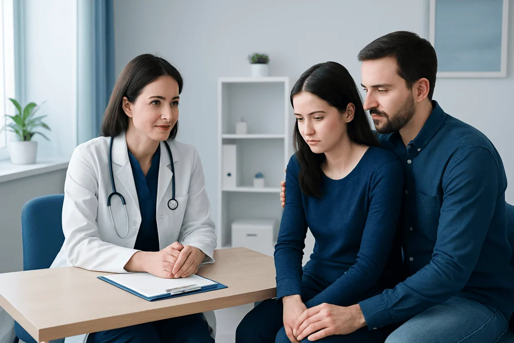Doctor counseling a woman during IVF treatment in a clinical setting.