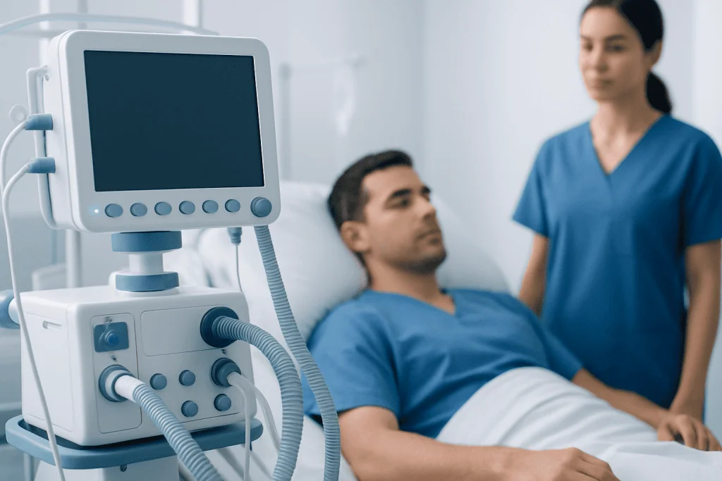 Patient in hospital bed with medical monitor and healthcare professional nearby.