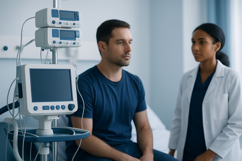 Doctor consulting male patient in hospital room with medical equipment.