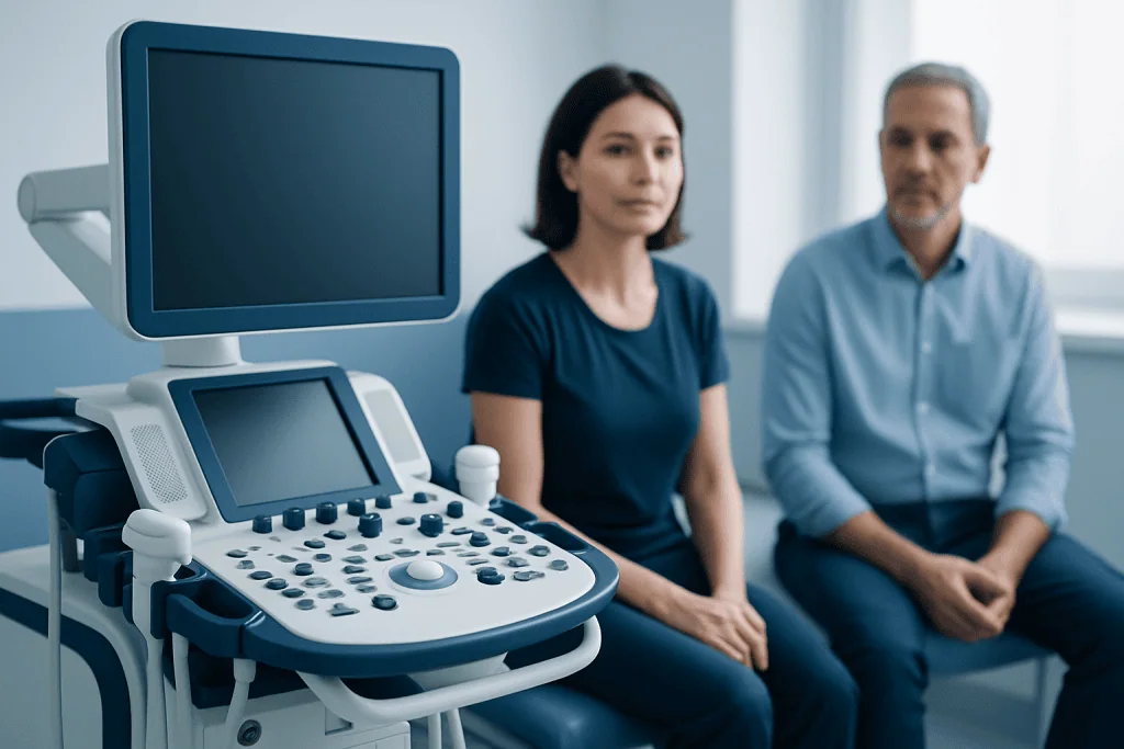Medical consultation with ultrasound equipment at a hospital.
