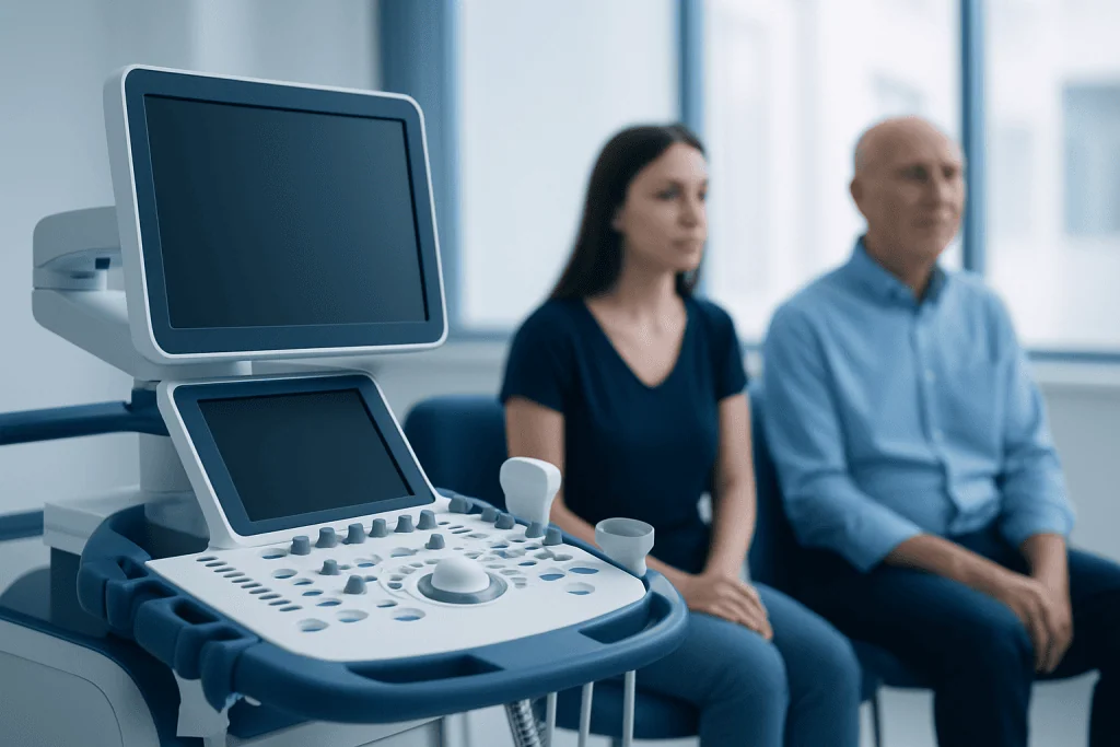 Medical ultrasound machine with patients in a hospital setting.