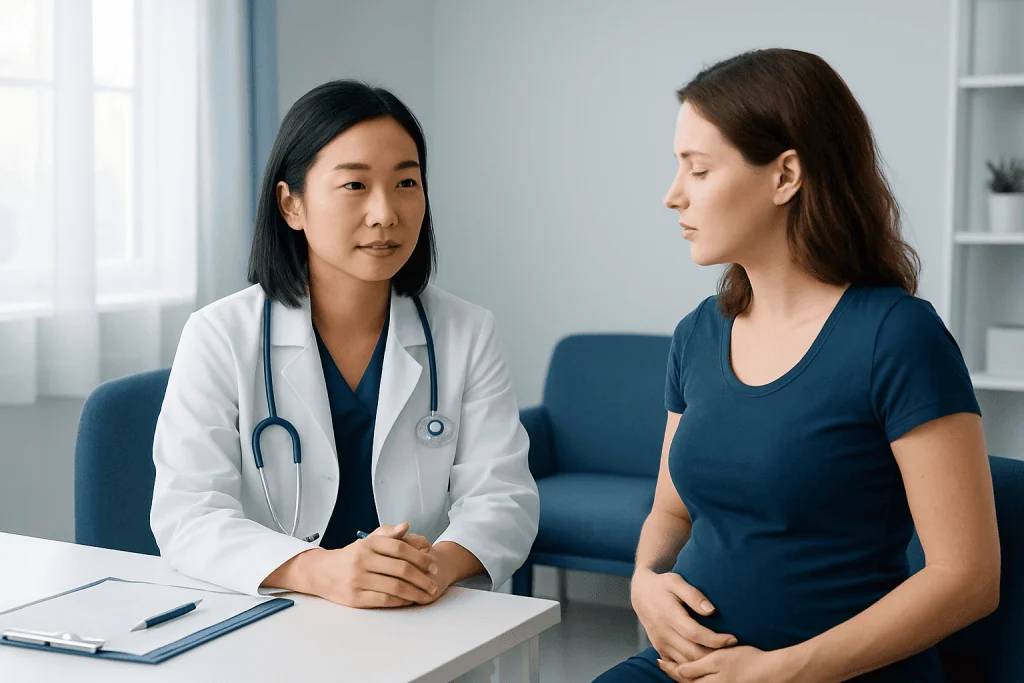 Doctor consulting pregnant woman in a medical office.