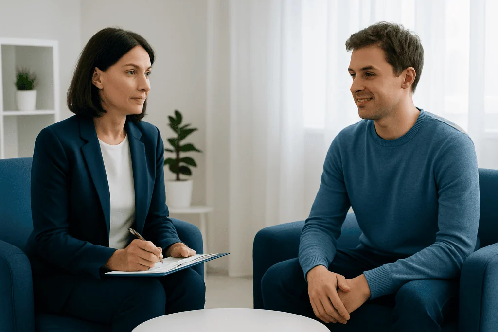 Therapist and patient in a counseling session at Acibadem Hospitals Group.