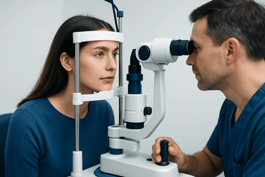 Optometrist examining a woman's eyes with a slit lamp in a clinic setting.