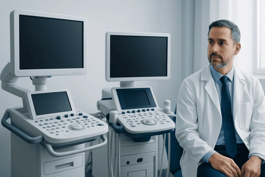 Doctor sitting in a medical examination room with ultrasound machines.