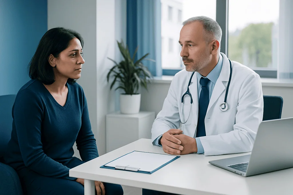 Doctor consulting with a female patient in a medical office.