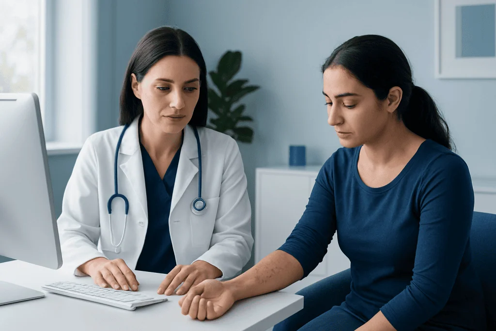 Doctor examining patient's skin for skin problems at clinic.